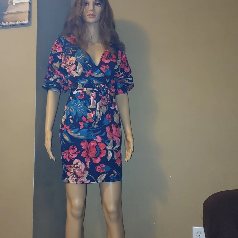 Floral Print, Self-Tie Sash, Mini Dress, Small, Navy - Picture 7 of 8